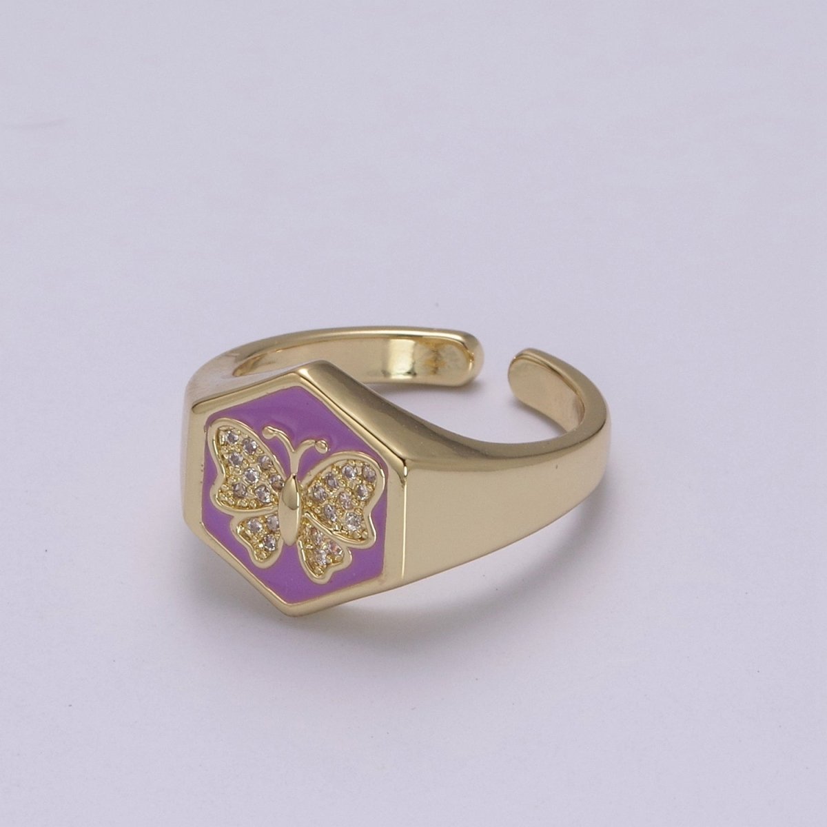 Gold signet ring, Butterfly signet ring, Enamel ring gold butterfly ring Stackable Jewelry U-171~U-175 - DLUXCA