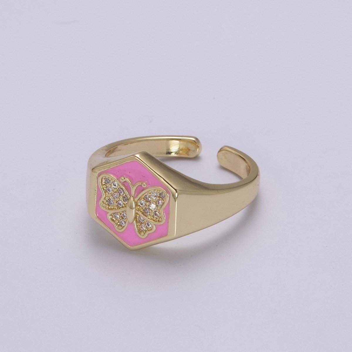 Gold signet ring, Butterfly signet ring, Enamel ring gold butterfly ring Stackable Jewelry U-171~U-175 - DLUXCA