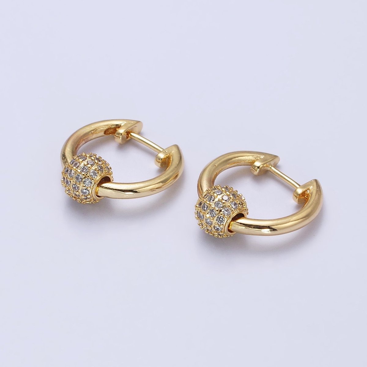 Gold, Silver 16mm Hoop Clear Micro Paved CZ Shambala Bead Earrings | AB398 AB399 - DLUXCA