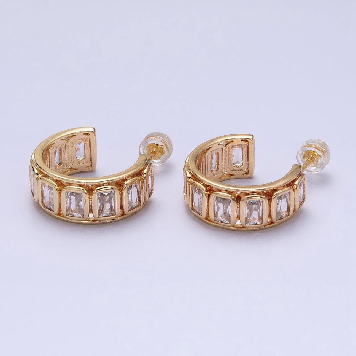 Gold, Silver 20mm Clear Baguette Lined Wide Bold C-Shaped Hoop Earrings | AD1000 AD1001 - DLUXCA