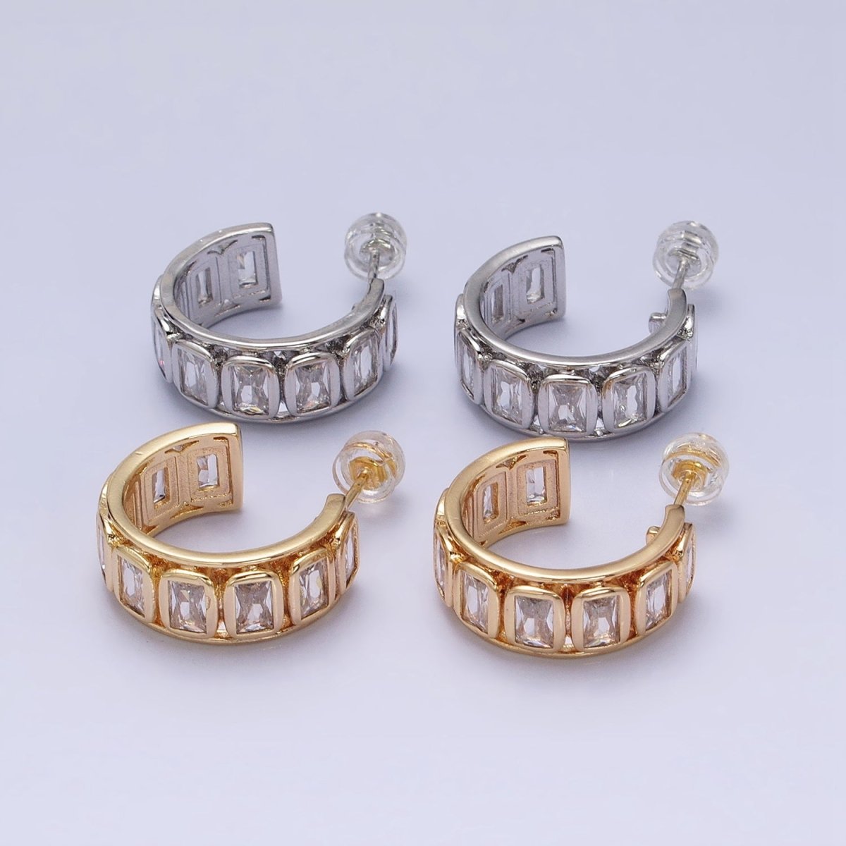 Gold, Silver 20mm Clear Baguette Lined Wide Bold C-Shaped Hoop Earrings | AD1000 AD1001 - DLUXCA