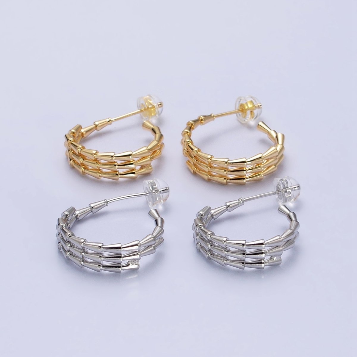 Gold, Silver 20mm Triangle Cone Multiple Band C-Shaped Hoop Earrings | AB469 AB740 - DLUXCA