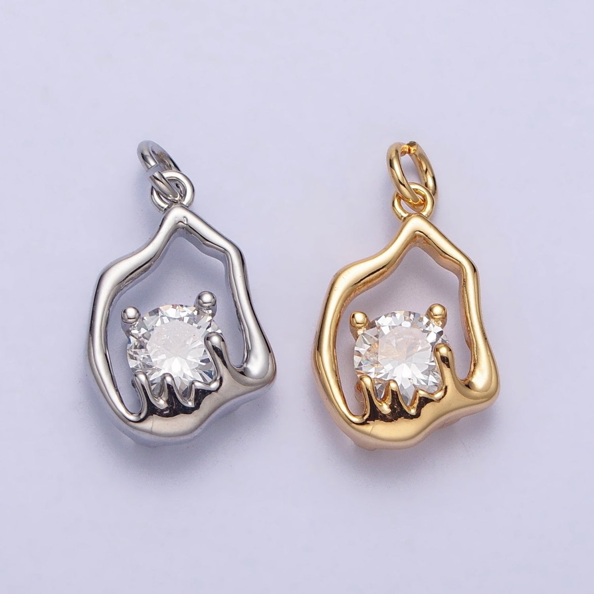 Gold, Silver Abstract Molten Drip Round Clear CZ Cubic Zirconia Charm | AC243 AC244 - DLUXCA