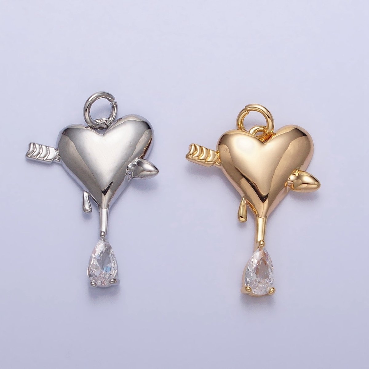 Gold, Silver Arrowed Heart Molten Drip Clear Teardrop CZ Add-On Charm | AC763 AC764 - DLUXCA