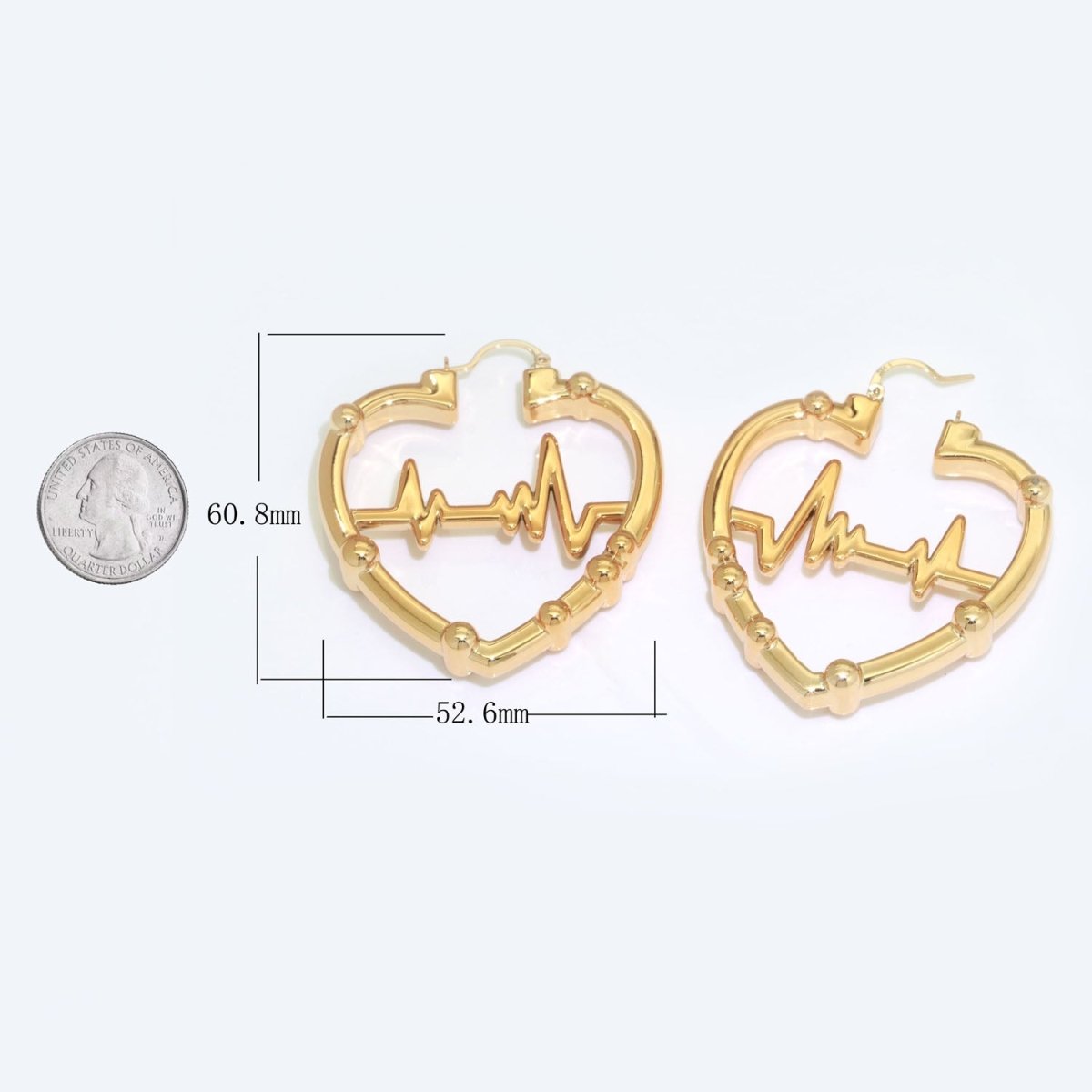 Gold / Silver Bamboo Hoop Earrings, 18K Gold Filled Hoops Heart Beat Medium Earring Lightweight Statement Hoop - DLUXCA