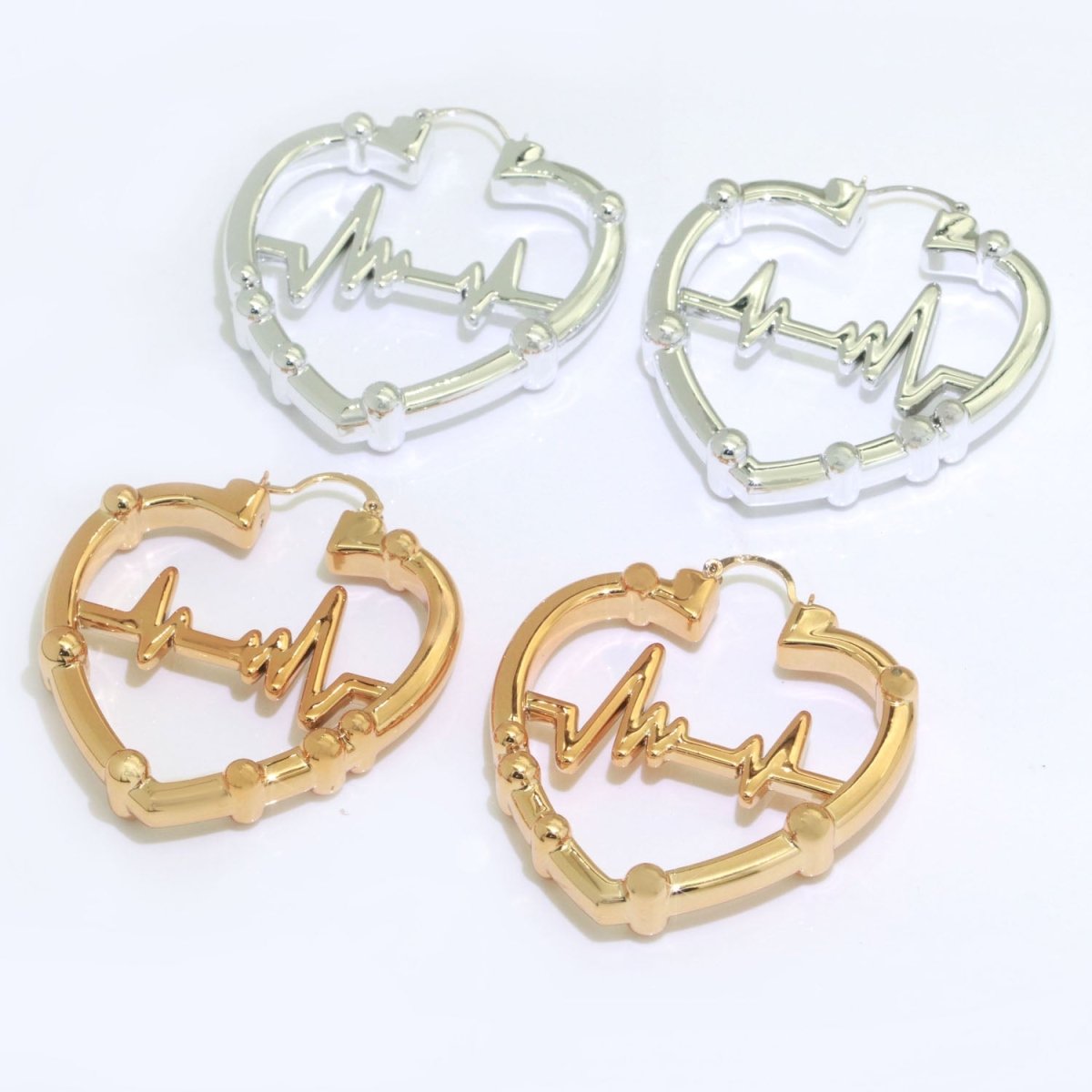 Gold / Silver Bamboo Hoop Earrings, 18K Gold Filled Hoops Heart Beat Medium Earring Lightweight Statement Hoop - DLUXCA