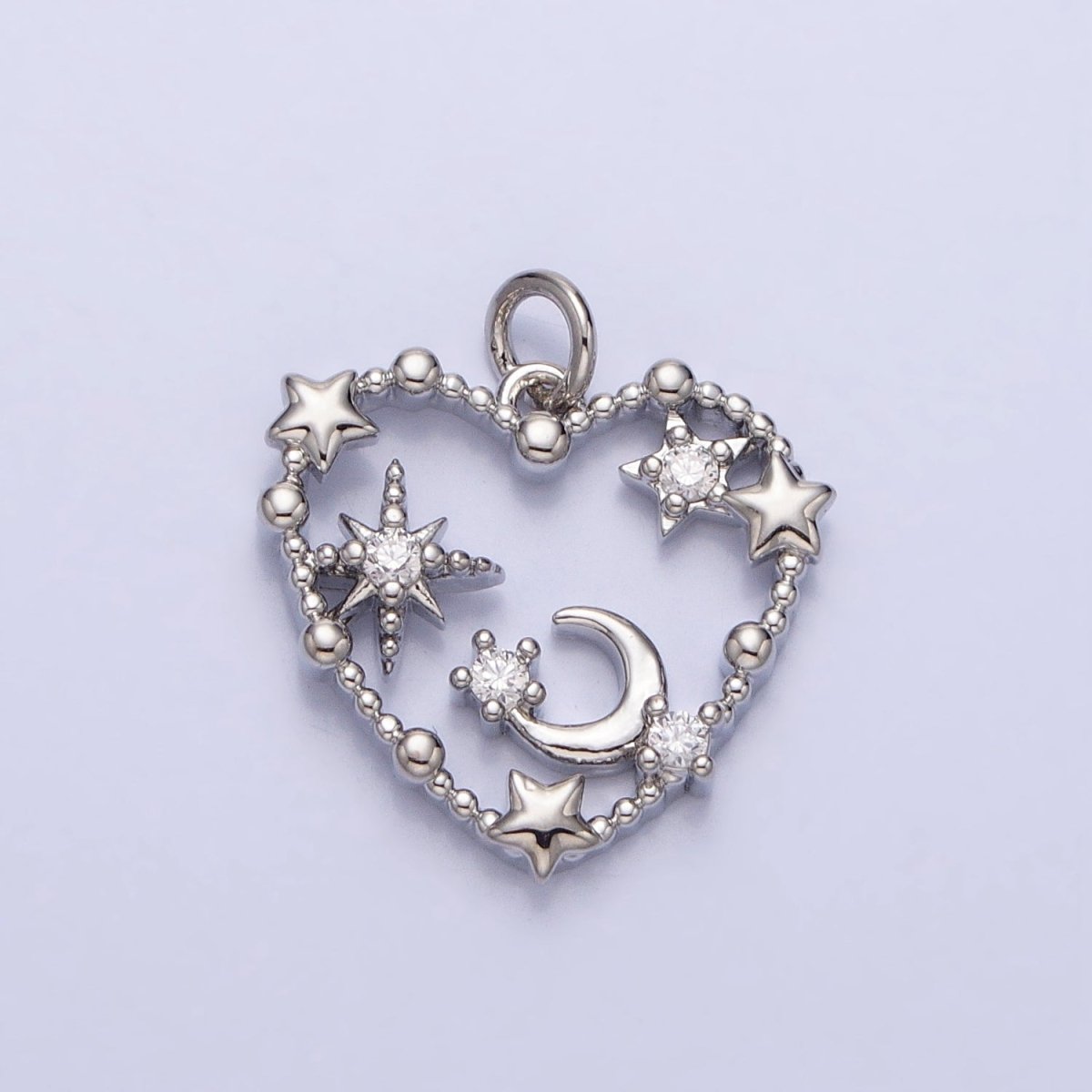 Gold, Silver Beaded Celestial Crescent Moon Stars CZ Open Heart Charm | AC743 AC744 - DLUXCA