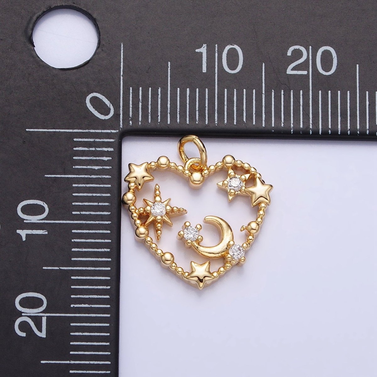 Gold, Silver Beaded Celestial Crescent Moon Stars CZ Open Heart Charm | AC743 AC744 - DLUXCA