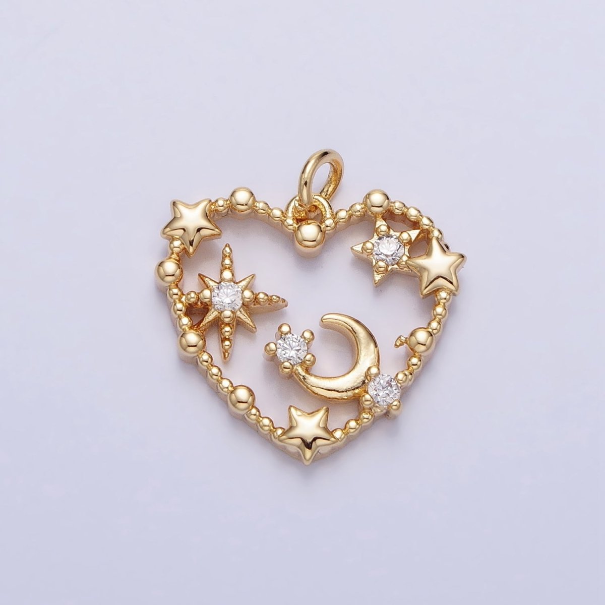 Gold, Silver Beaded Celestial Crescent Moon Stars CZ Open Heart Charm | AC743 AC744 - DLUXCA