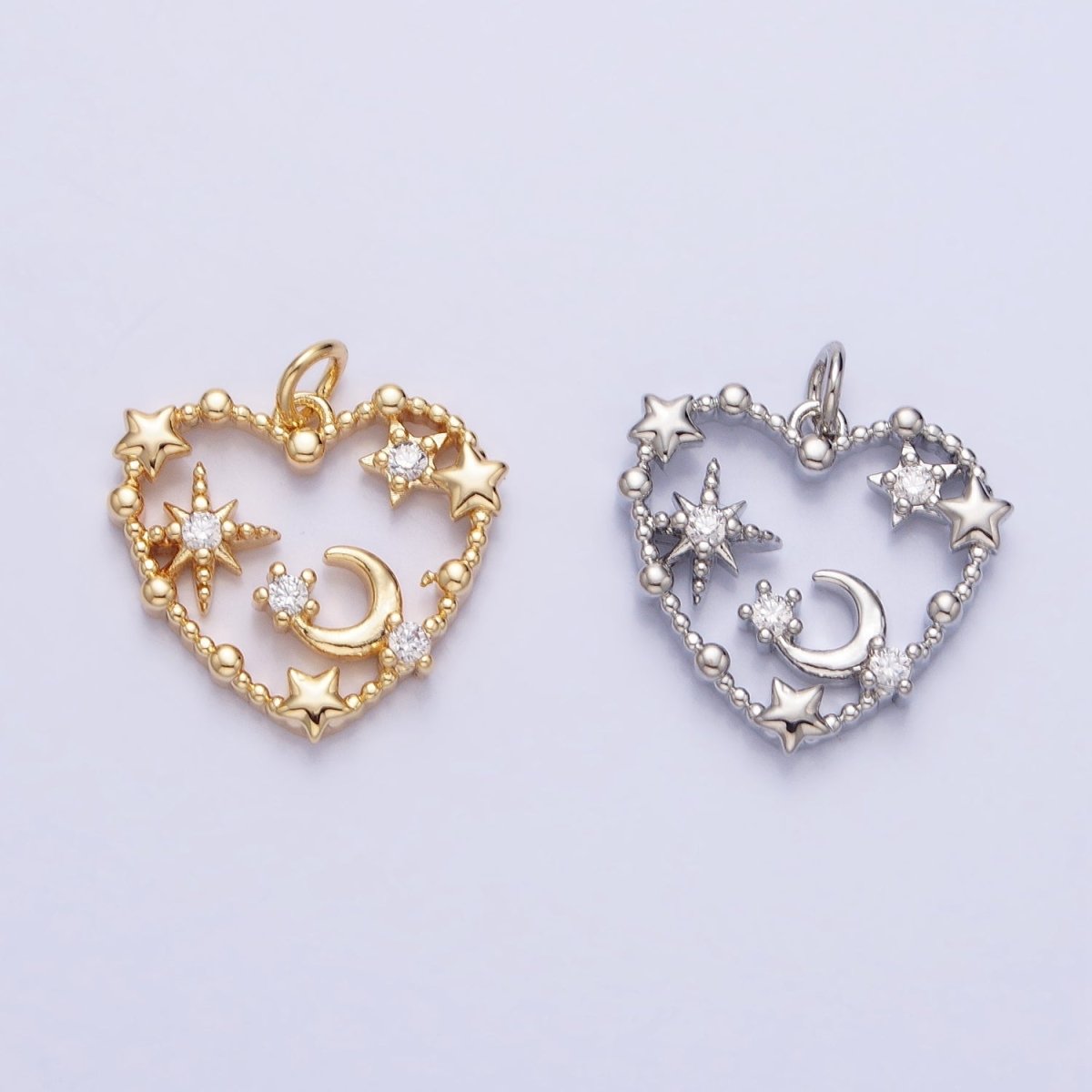 Gold, Silver Beaded Celestial Crescent Moon Stars CZ Open Heart Charm | AC743 AC744 - DLUXCA