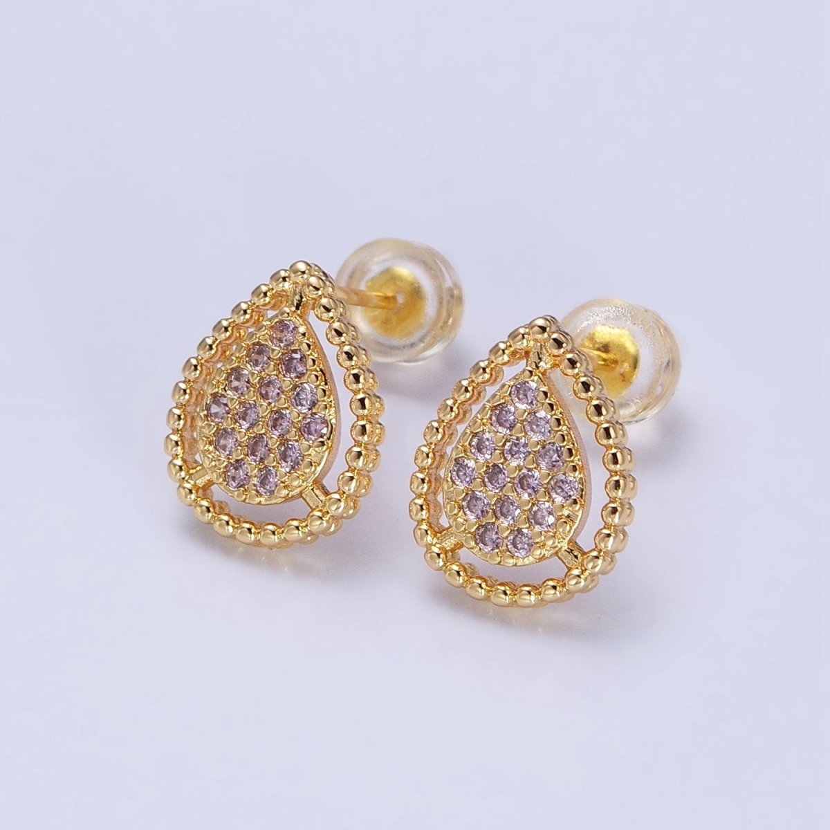 Gold, Silver Beaded Clear, Green, Pink Micro Paved Teardrop CZ Stud Earrings | AB477 AB753 AB754 AB773 - AB775 - DLUXCA