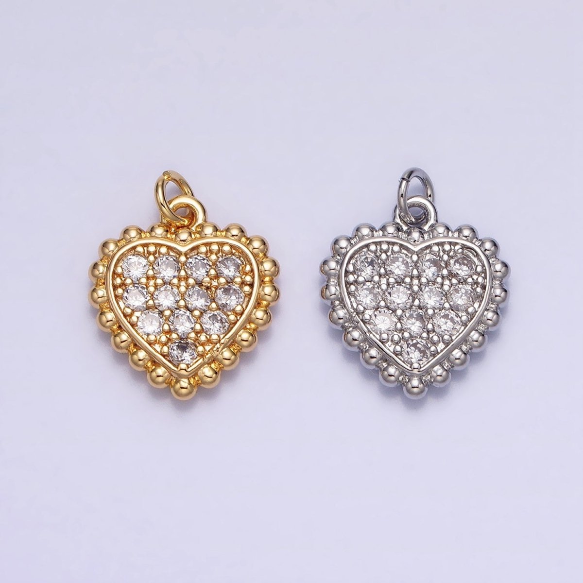 Gold, Silver Beaded Clear Micro Paved Heart Add-On Charm | AC603 AC623 - DLUXCA