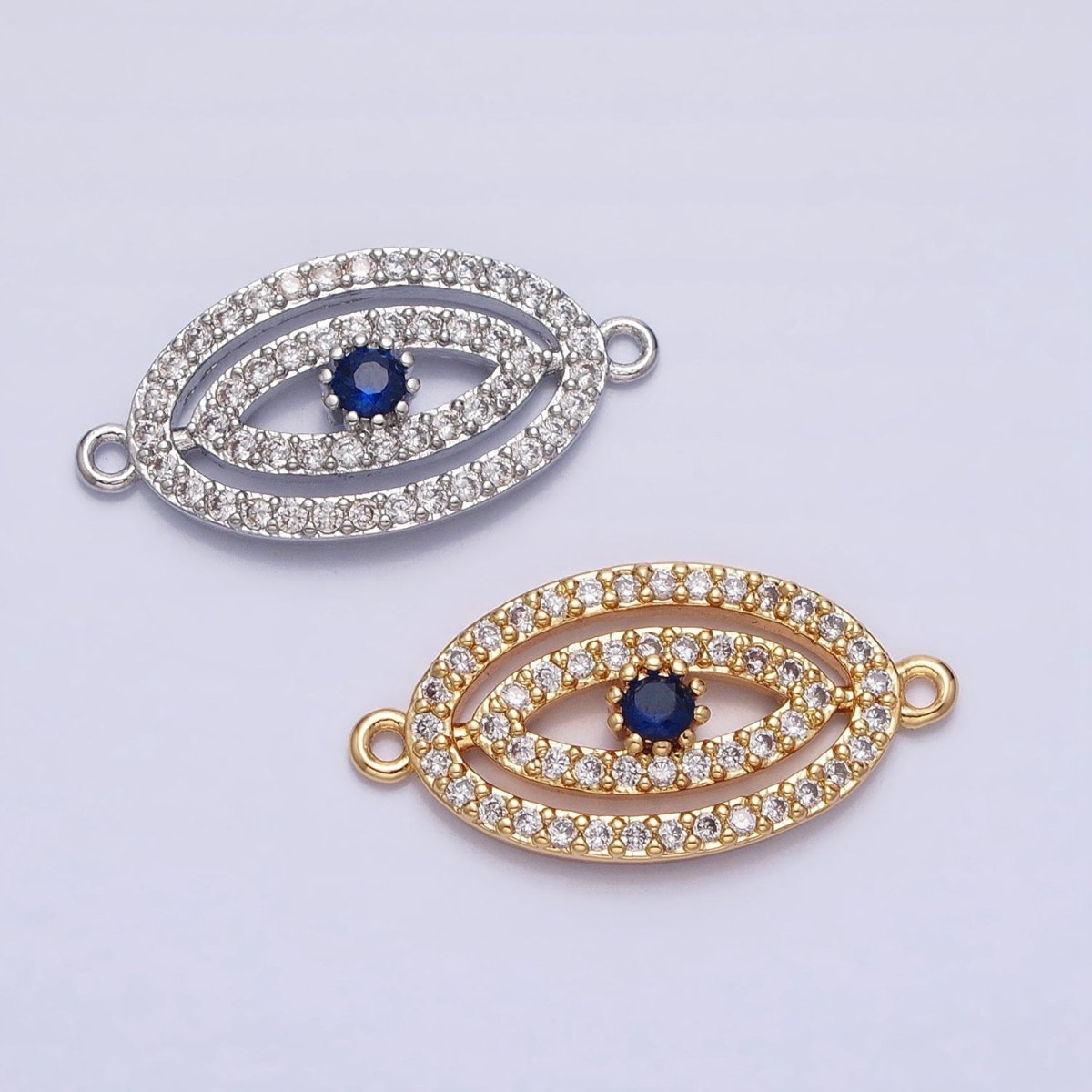Gold, Silver Blue-Eyed Evil Eye Oval Micro Paved CZ Link Connector | AA991 AA992 - DLUXCA