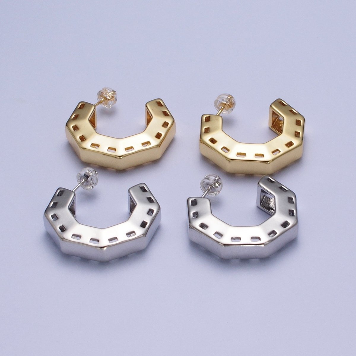 Gold / Silver Boxy Hexagonal Geometric C Shaped Hoop Stud Earrings | AE1095 AE1096 - DLUXCA