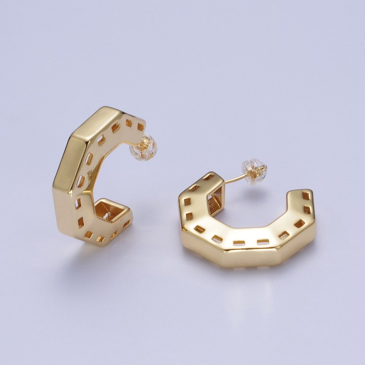 Gold / Silver Boxy Hexagonal Geometric C Shaped Hoop Stud Earrings | AE1095 AE1096 - DLUXCA