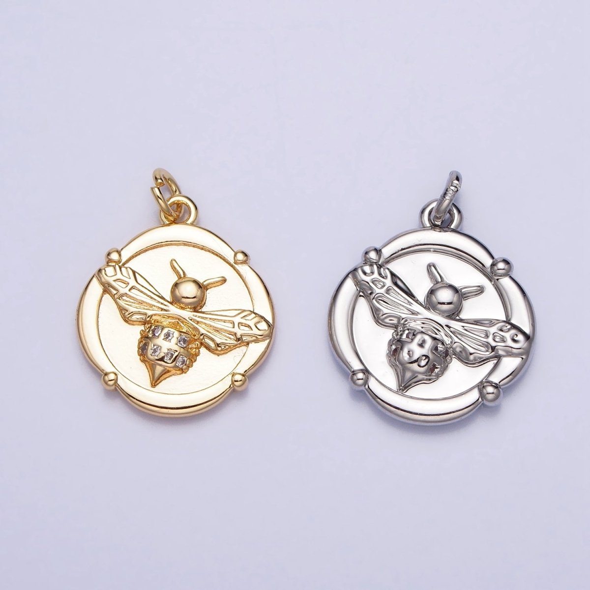 Gold, Silver Bumble Bee Micro Paved Insect Stamped Quatrefoil Round Charm | AC689 AC690 - DLUXCA