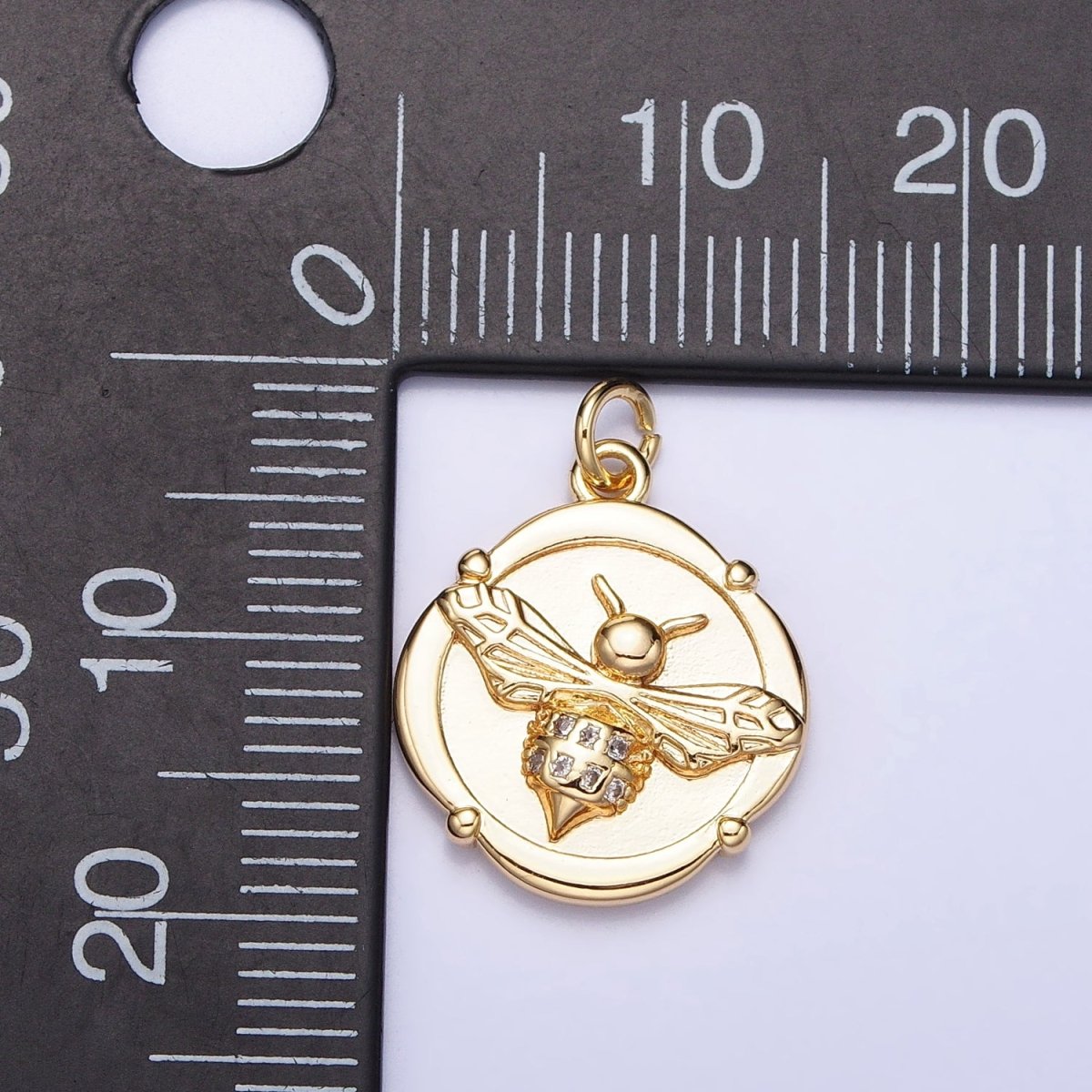 Gold, Silver Bumble Bee Micro Paved Insect Stamped Quatrefoil Round Charm | AC689 AC690 - DLUXCA