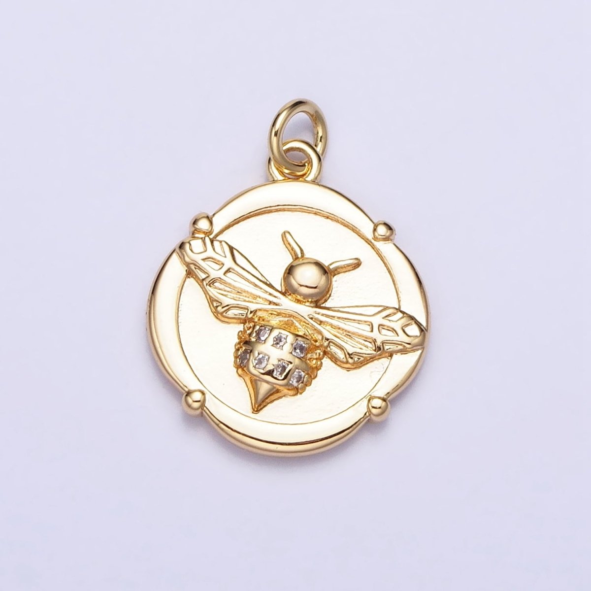 Gold, Silver Bumble Bee Micro Paved Insect Stamped Quatrefoil Round Charm | AC689 AC690 - DLUXCA