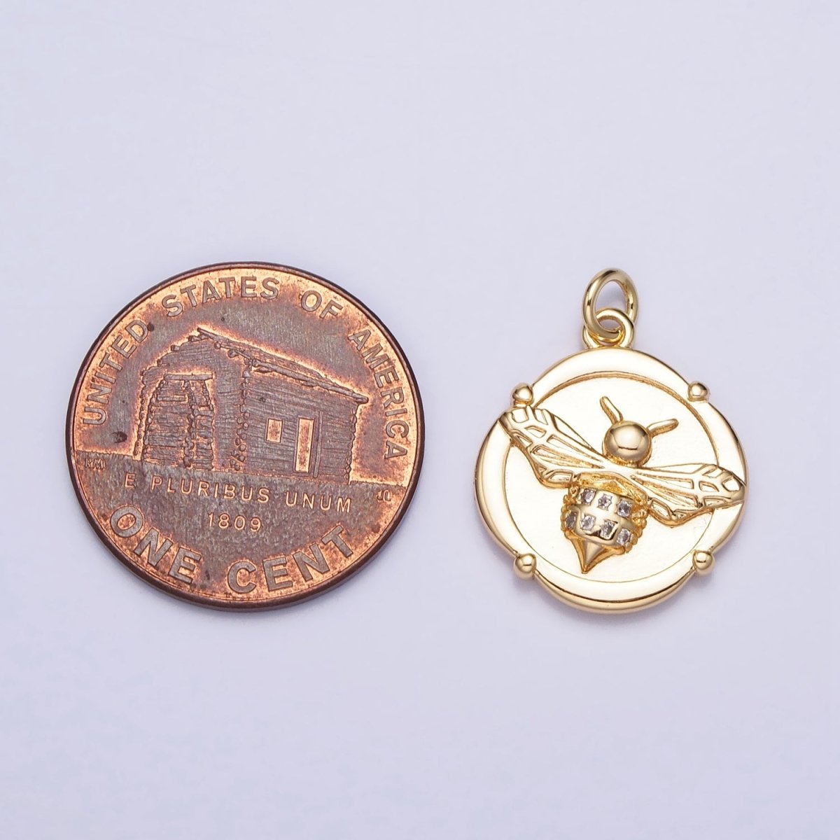 Gold, Silver Bumble Bee Micro Paved Insect Stamped Quatrefoil Round Charm | AC689 AC690 - DLUXCA