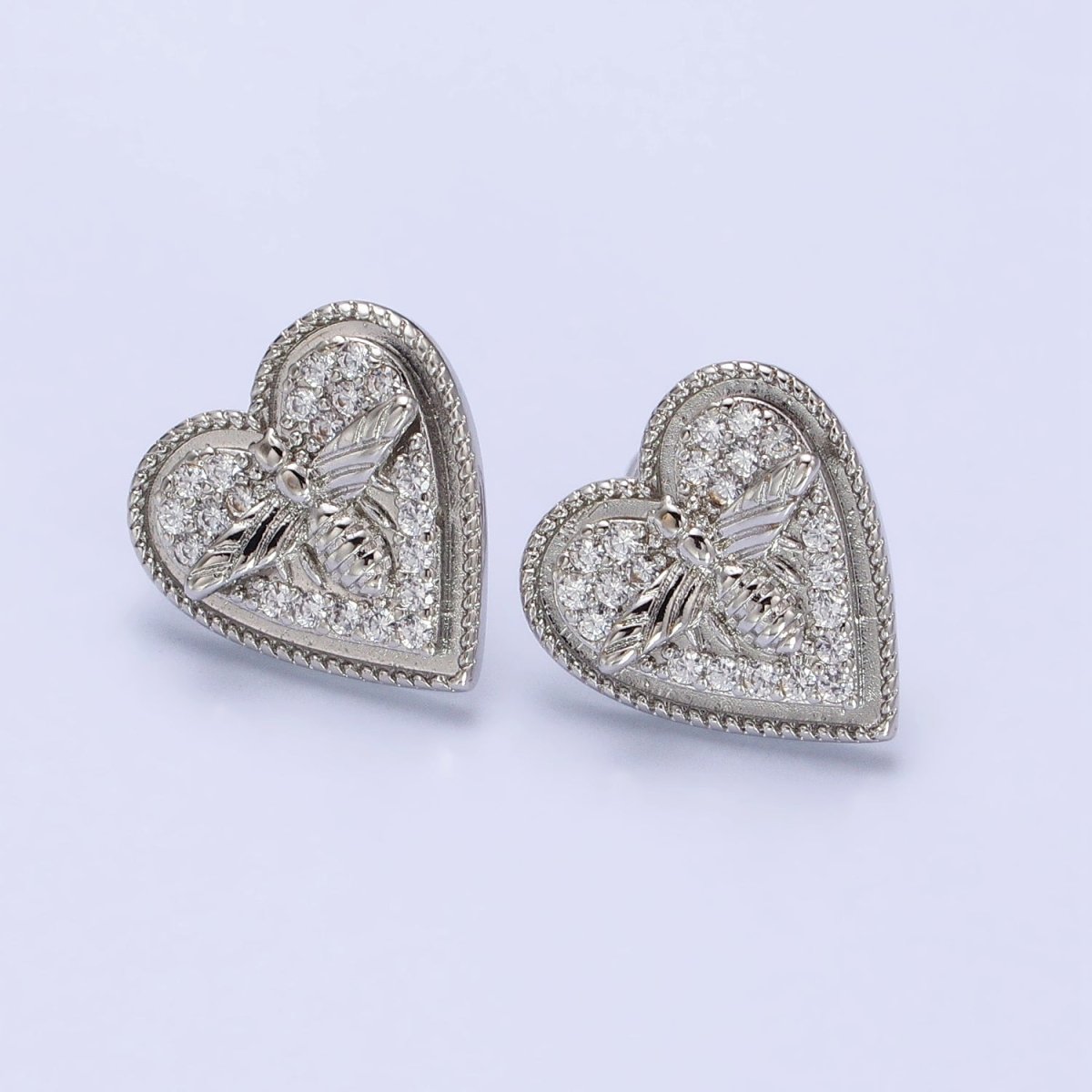 Gold, Silver Bumble Queen Bee Micro Paved CZ Heart Stud Earrings | AB459 AB489 - DLUXCA