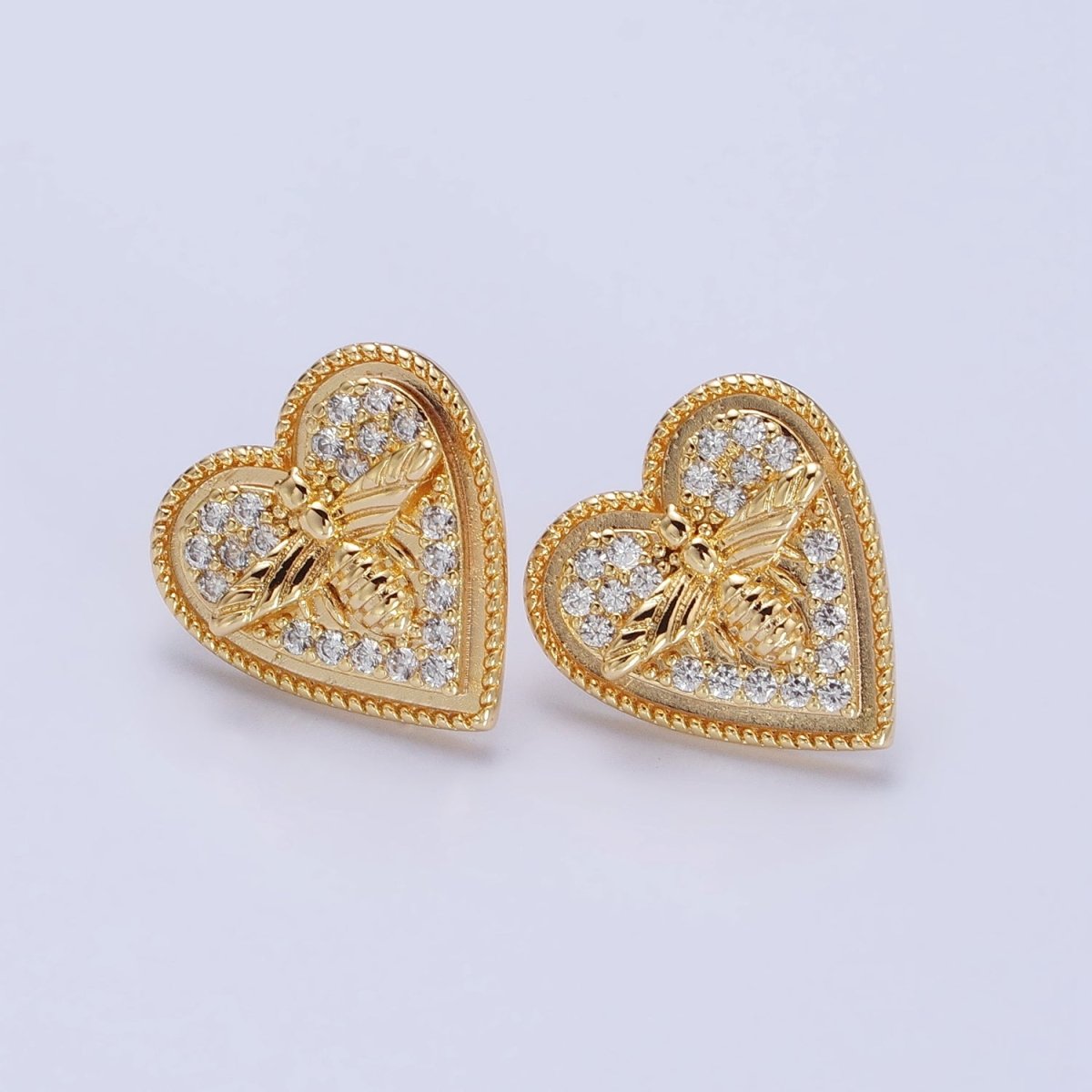 Gold, Silver Bumble Queen Bee Micro Paved CZ Heart Stud Earrings | AB459 AB489 - DLUXCA