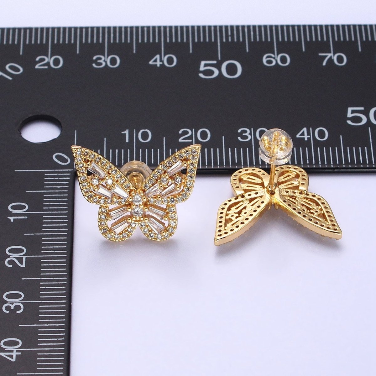 Gold, Silver Butterfly Mariposa Open Baguette Micro Paved CZ Wings Stud Earrings | AB-673 Y-893 - DLUXCA