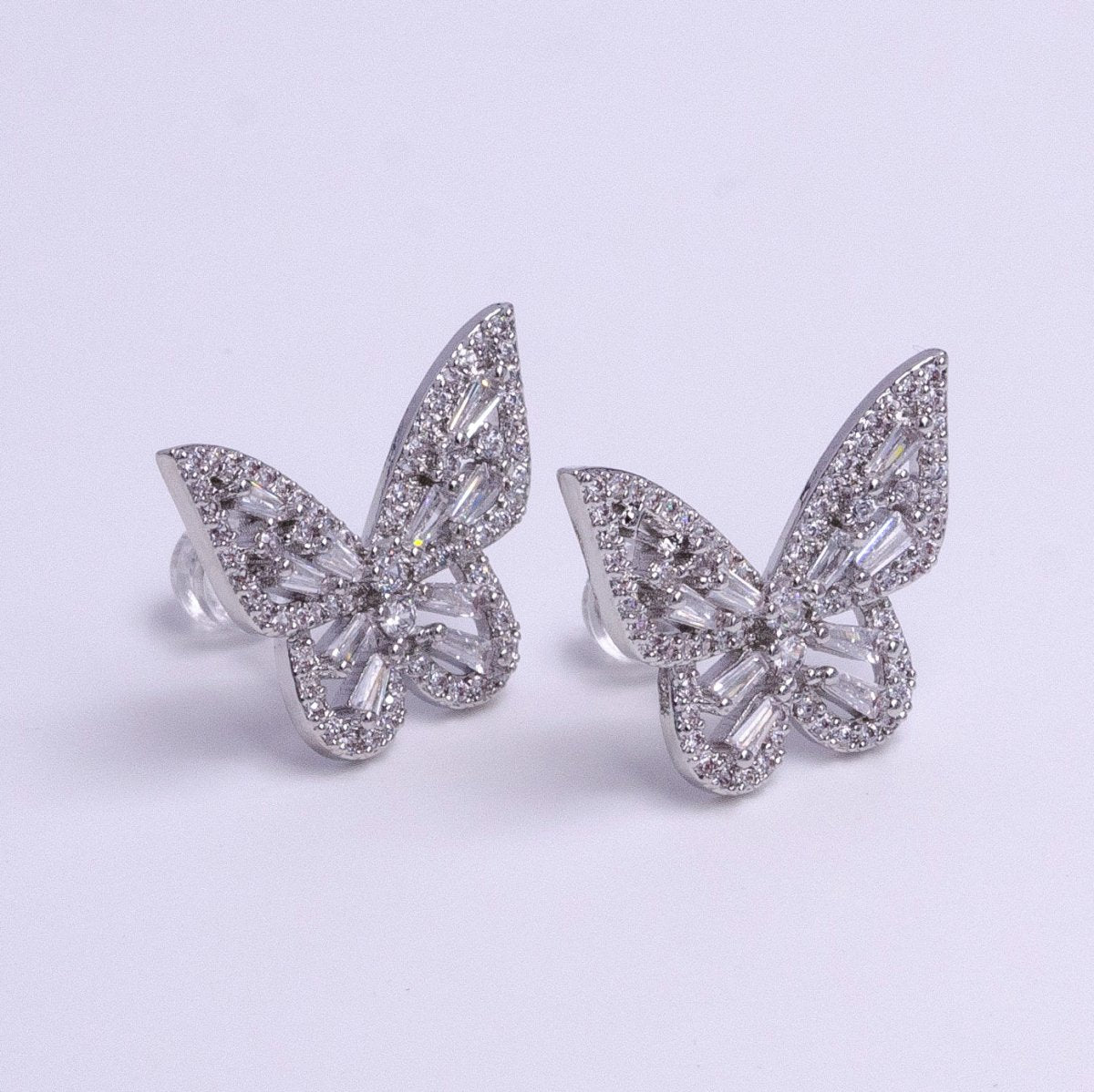 Gold, Silver Butterfly Mariposa Open Baguette Micro Paved CZ Wings Stud Earrings | AB-673 Y-893 - DLUXCA