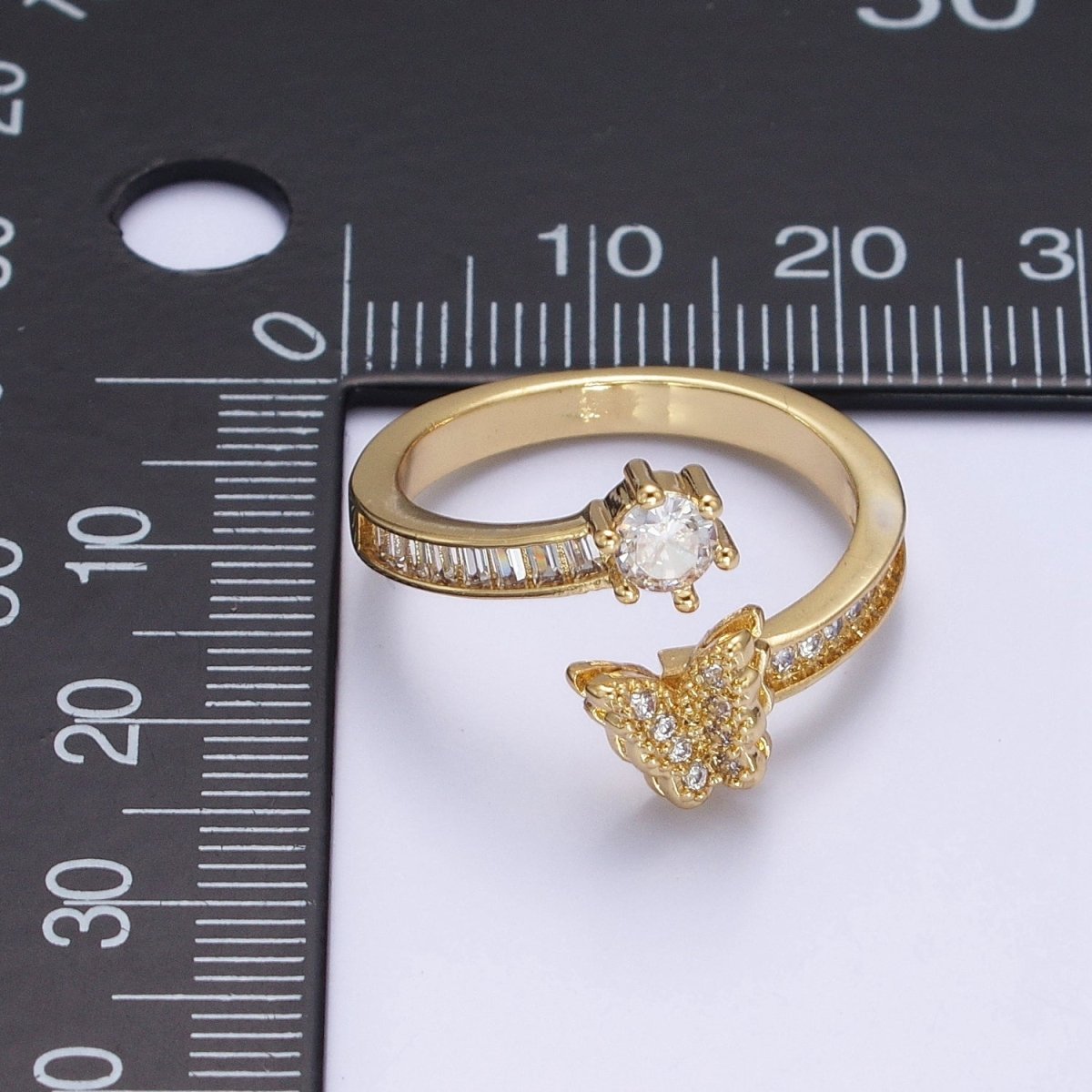 Gold, Silver Butterfly Round Clear CZ Baguette Open Ring | O-1511 O-1512 - DLUXCA
