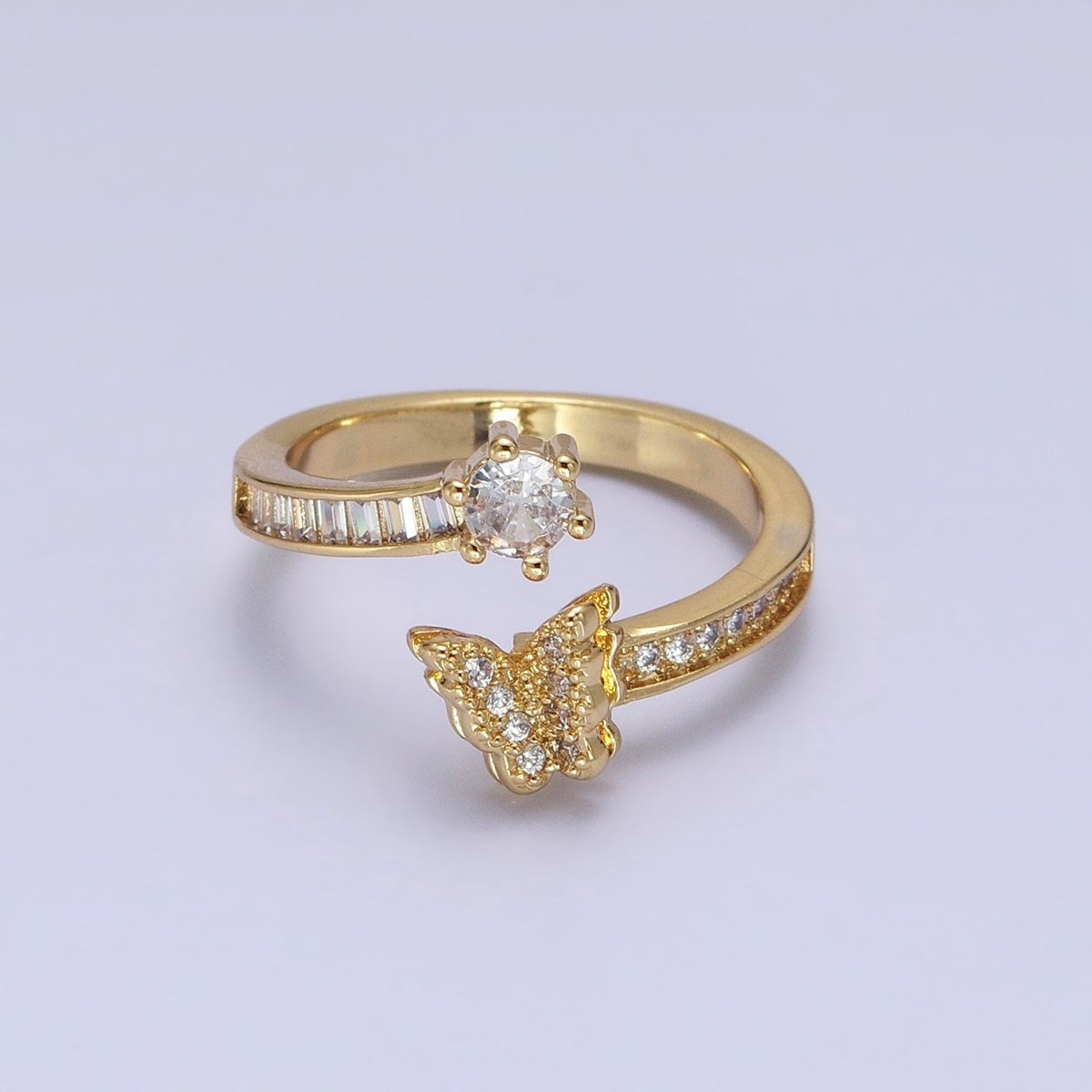 Gold, Silver Butterfly Round Clear CZ Baguette Open Ring | O-1511 O-1512 - DLUXCA