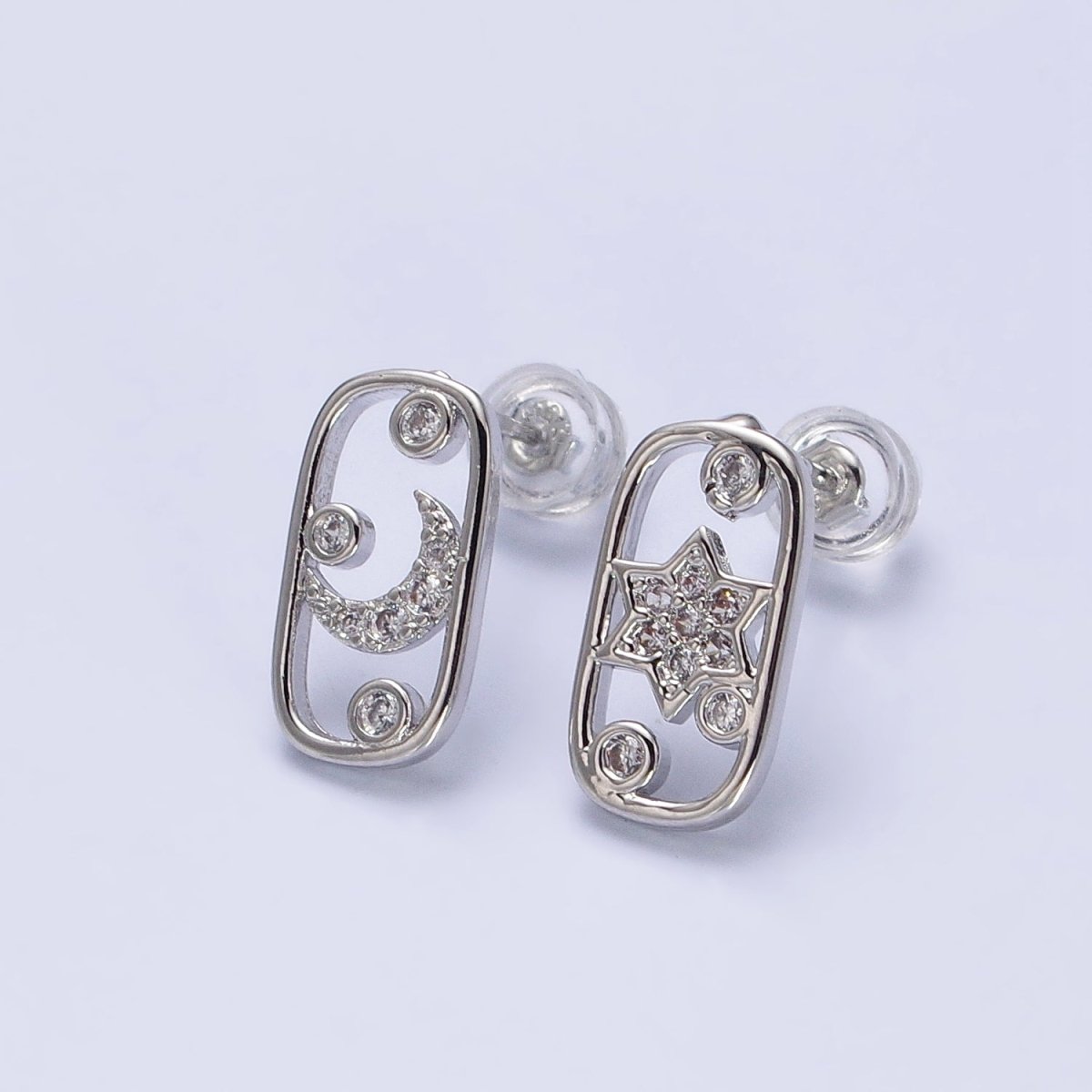 Gold, Silver Celestial Crescent Moon Star Rectangular Open Stud Earrings Mismatched Earrings | AB564 AB567 - DLUXCA