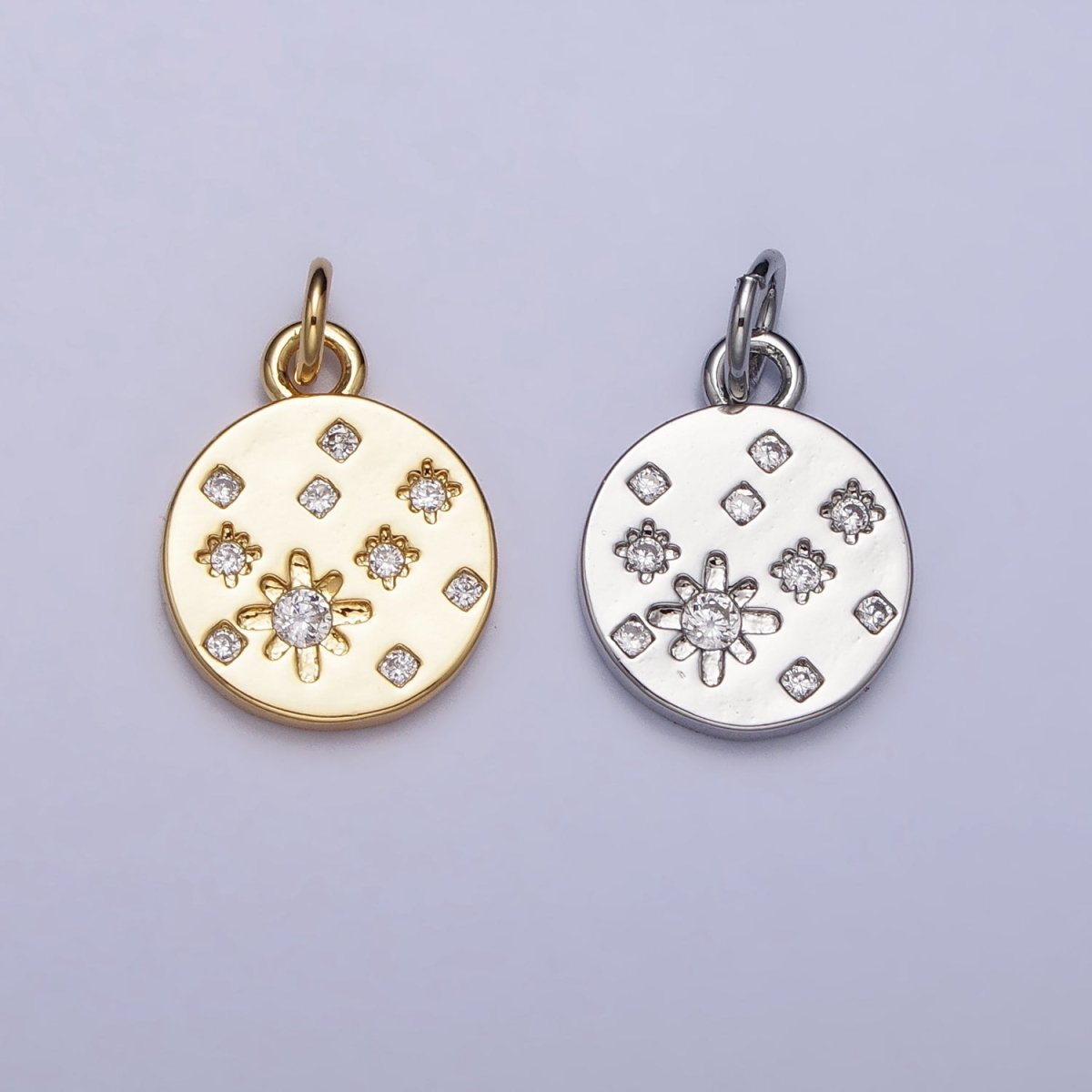 Gold, Silver Celestial North Stars CZ Dotted 11mm Round Coin Charm | AC984 AC992 - DLUXCA