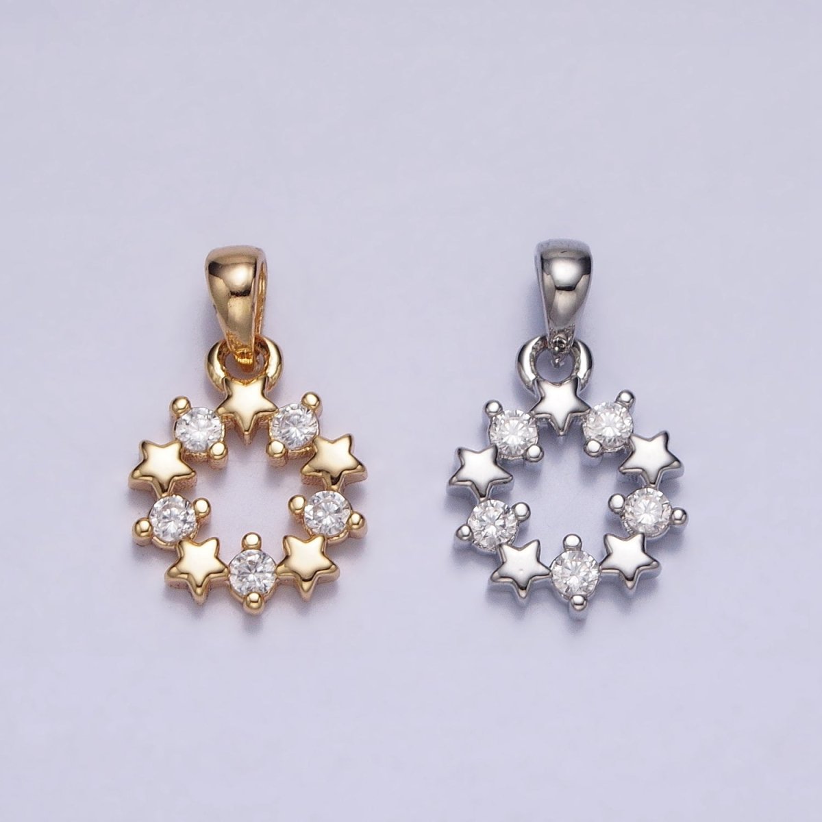 Gold, Silver Celestial Star Clear CZ Open Round Pendant | AA361 AA362 - DLUXCA