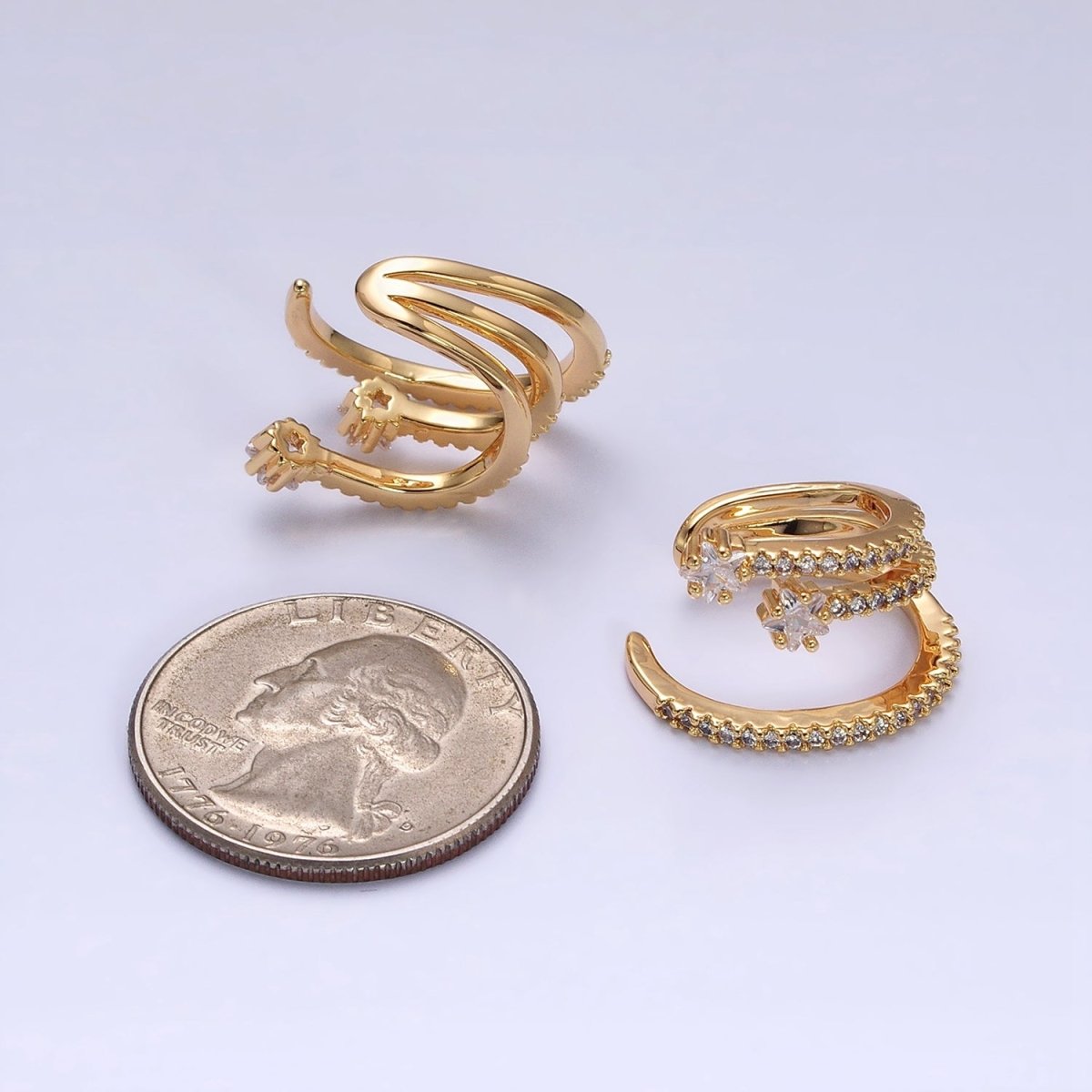 Gold, Silver Celestial Star CZ Micro Paved Triple Claw Bar Ear Cuff Earrings | AB931 AB9341 - DLUXCA