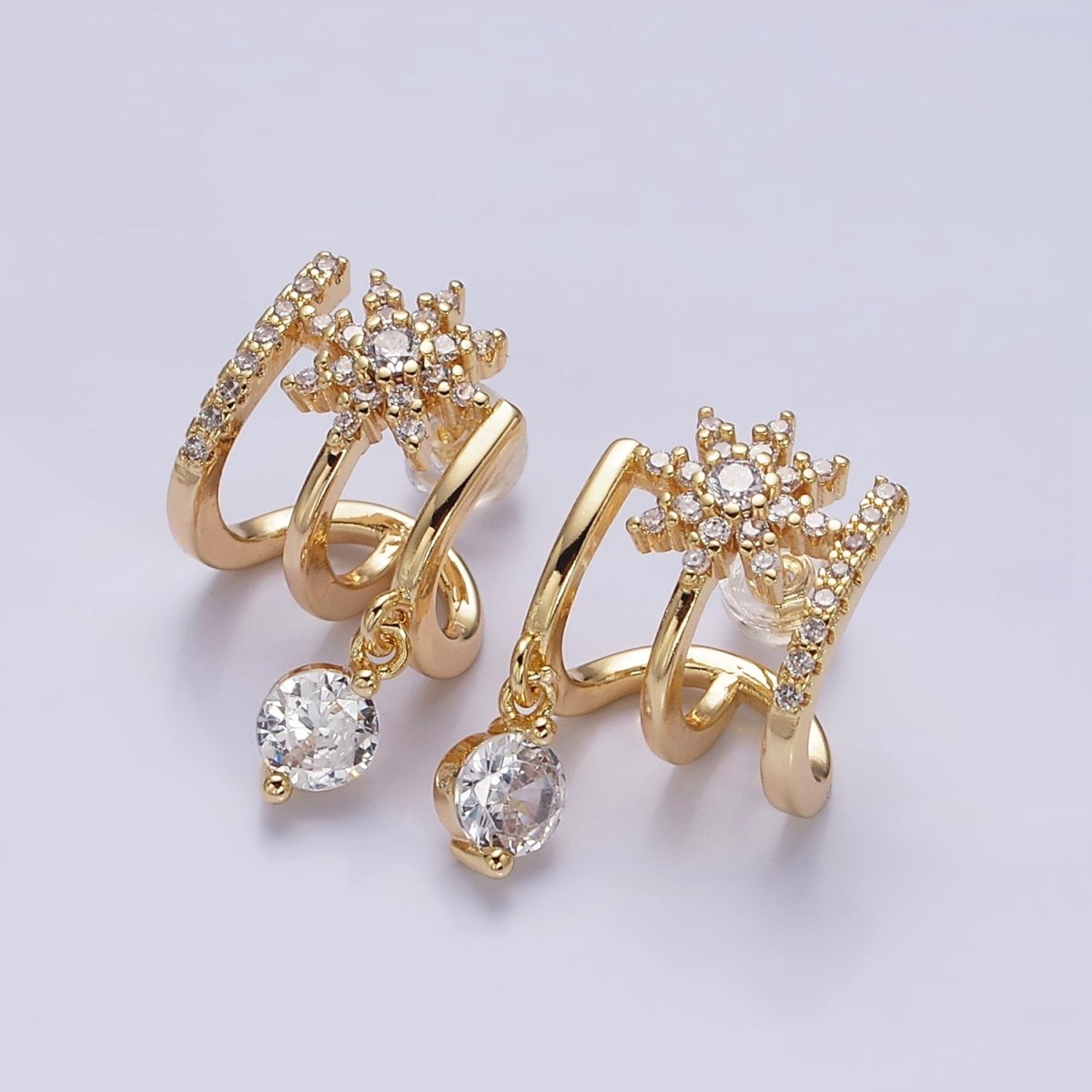 Gold, Silver Celestial Star Flower CZ Drop Micro Paved Triple Band Claw Stud Earrings | AD1054 AD1055 - DLUXCA