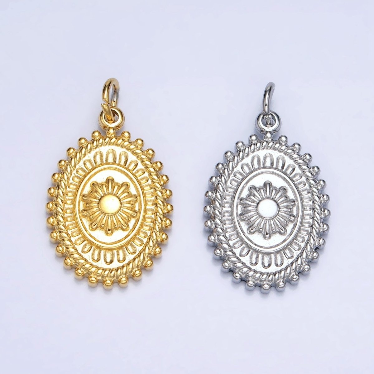 Gold, Silver Celestial Sun Textured Dotted Outline Artisan Oval Charm | AC627 AC628 - DLUXCA