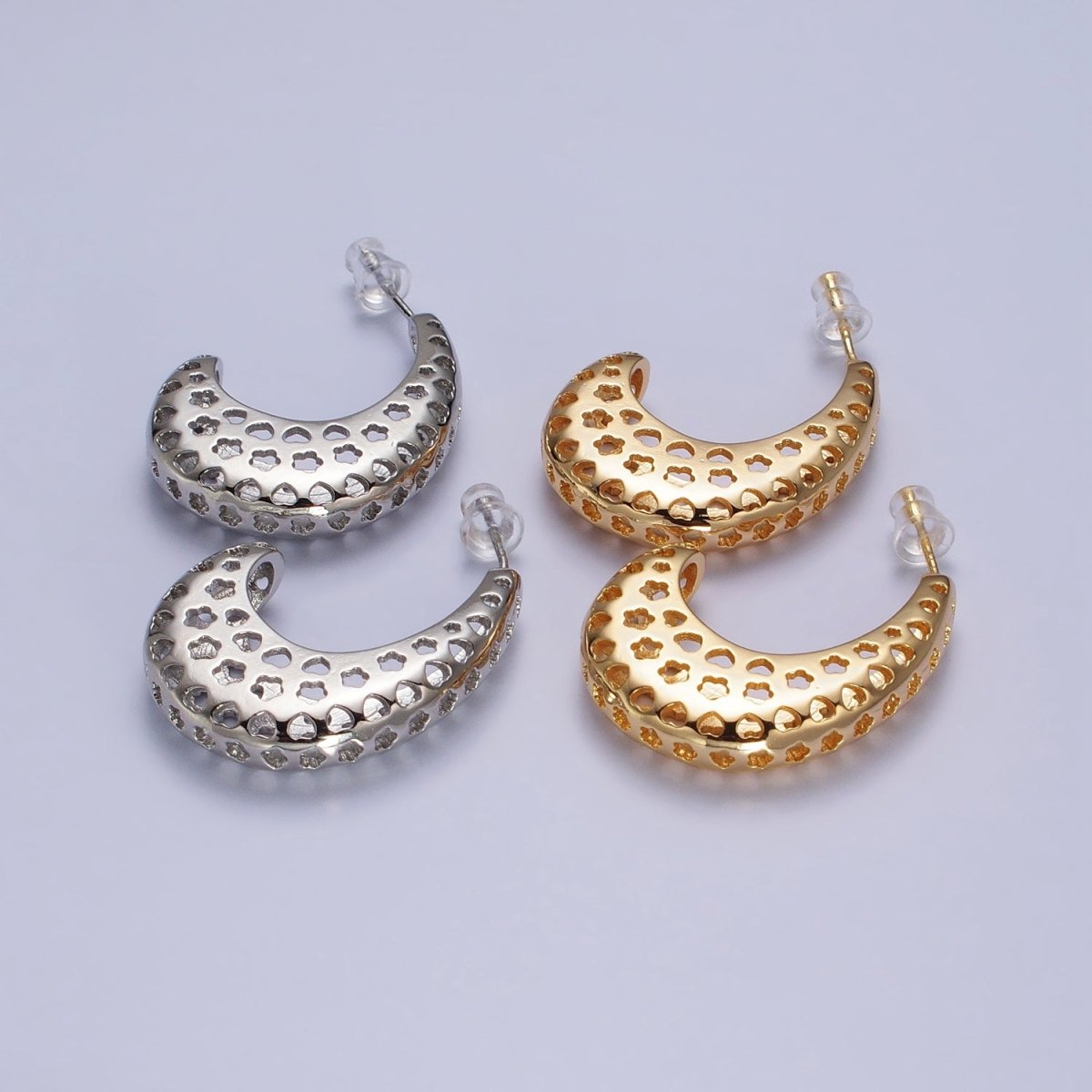 Gold, Silver Chubby Filigree Heart Flower J-Shaped Hoop Earrings | AB177 AB178 - DLUXCA