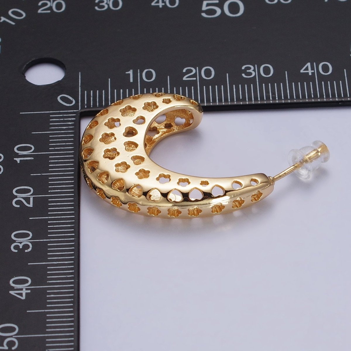 Gold, Silver Chubby Filigree Heart Flower J-Shaped Hoop Earrings | AB177 AB178 - DLUXCA