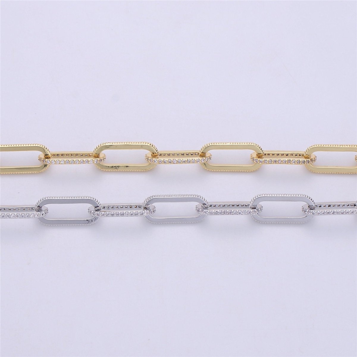 Gold Silver Chunky Micro Pave Necklace Chunky CZ Diamond Thick Elongated PAPERCLIP Chain by Meter in 24K Gold Filled for Jewelry Supply | ROLL-082(O-057), ROLL-083(CL-O-058) Clearance Pricing - DLUXCA