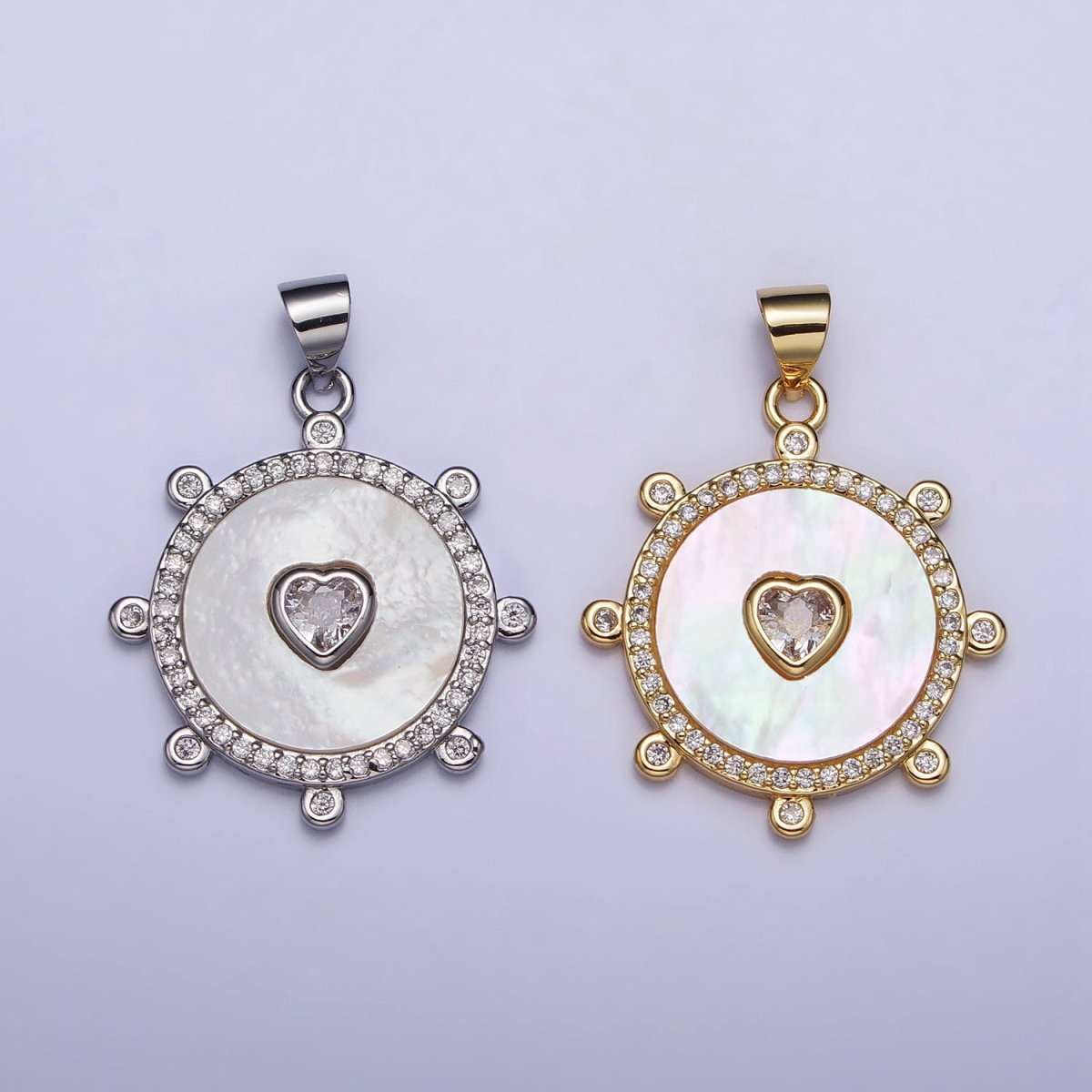 Gold, Silver Clear CZ Heart Shell Pearl Round Micro Paved Dotted Outline Pendant | AC995 AC996 - DLUXCA