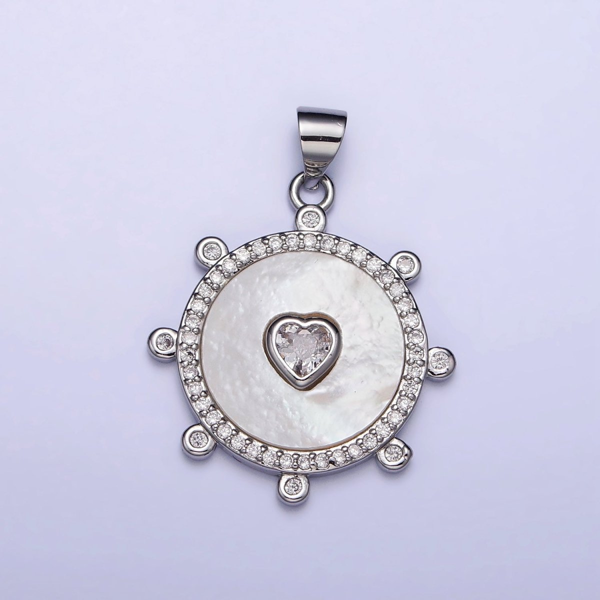 Gold, Silver Clear CZ Heart Shell Pearl Round Micro Paved Dotted Outline Pendant | AC995 AC996 - DLUXCA