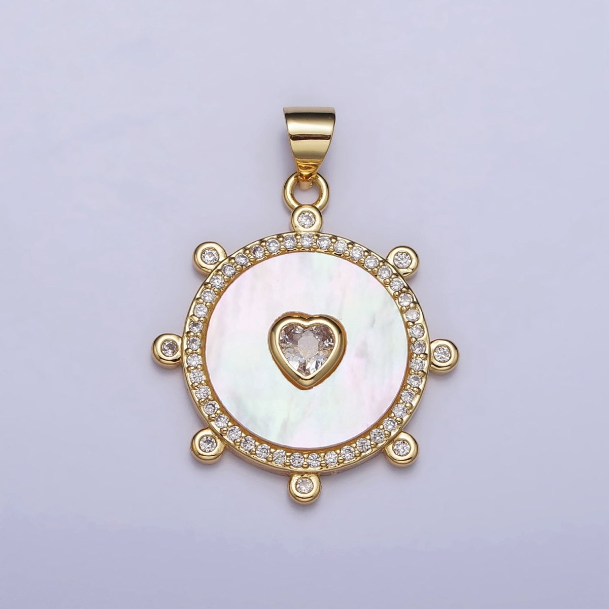 Gold, Silver Clear CZ Heart Shell Pearl Round Micro Paved Dotted Outline Pendant | AC995 AC996 - DLUXCA