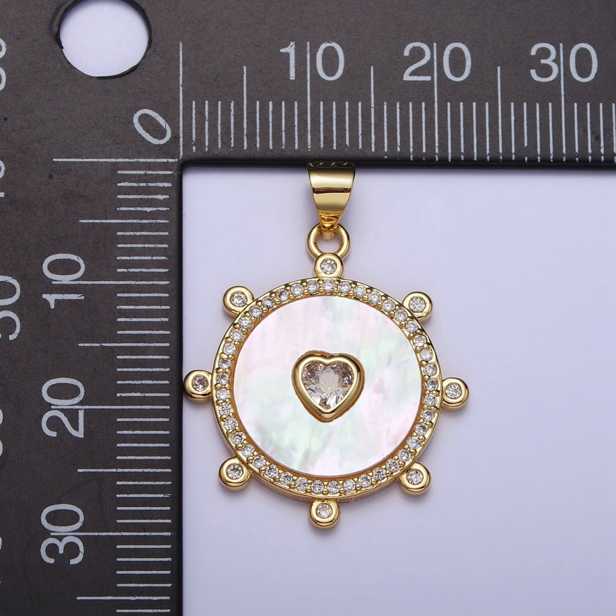 Gold, Silver Clear CZ Heart Shell Pearl Round Micro Paved Dotted Outline Pendant | AC995 AC996 - DLUXCA