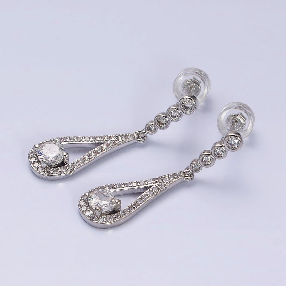 Gold, Silver Clear CZ Round Open Teardrop Linear Drop Stud Earrings | AD964 AD965 - DLUXCA