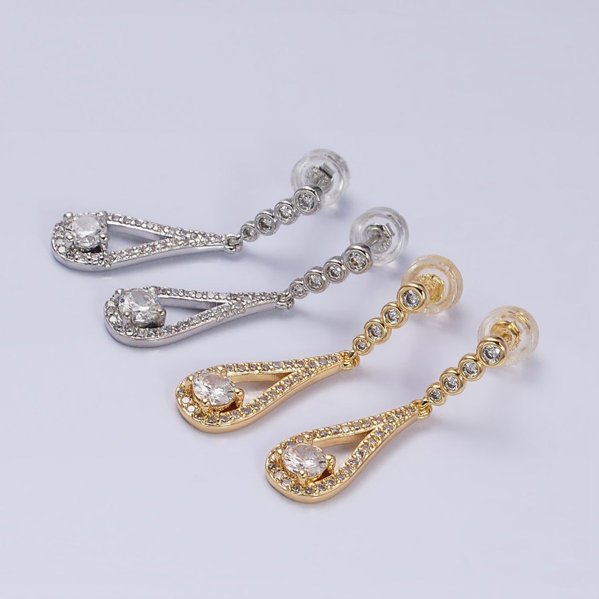 Gold, Silver Clear CZ Round Open Teardrop Linear Drop Stud Earrings | AD964 AD965 - DLUXCA