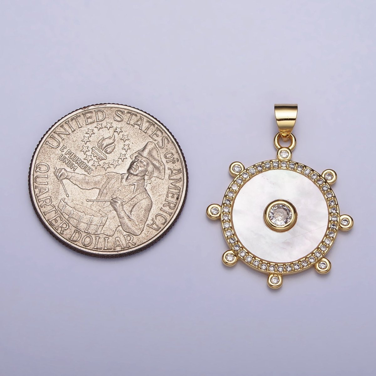 Gold, Silver Clear CZ Shell Pearl Round Micro Paved Dotted Outline Pendant | AA407 AA408 - DLUXCA