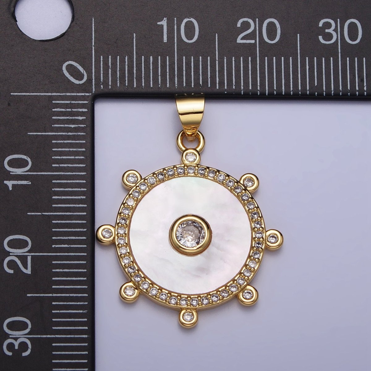 Gold, Silver Clear CZ Shell Pearl Round Micro Paved Dotted Outline Pendant | AA407 AA408 - DLUXCA