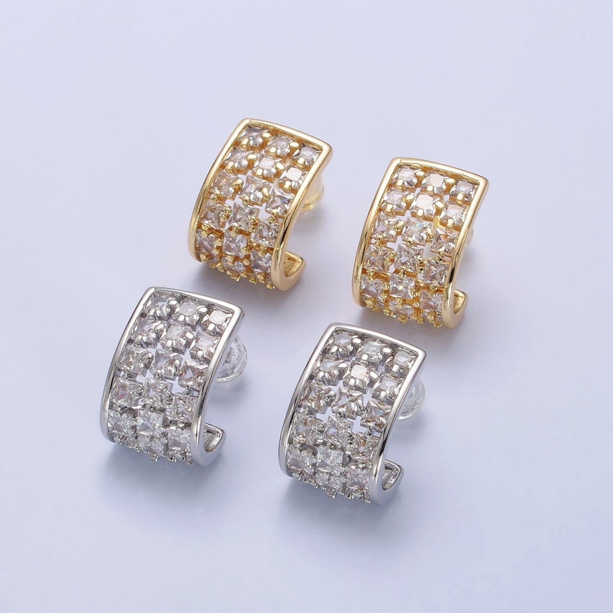 Gold, Silver Clear CZ Square Lined Wide J-Shaped Mini Hoop Earrings | AB368 AB369 - DLUXCA