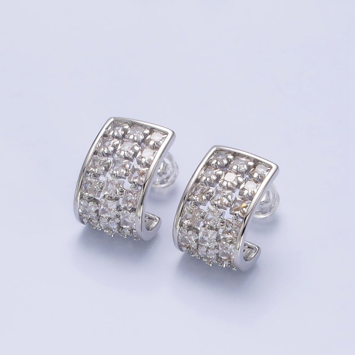 Gold, Silver Clear CZ Square Lined Wide J-Shaped Mini Hoop Earrings | AB368 AB369 - DLUXCA