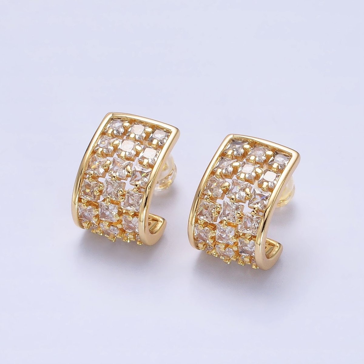 Gold, Silver Clear CZ Square Lined Wide J-Shaped Mini Hoop Earrings | AB368 AB369 - DLUXCA