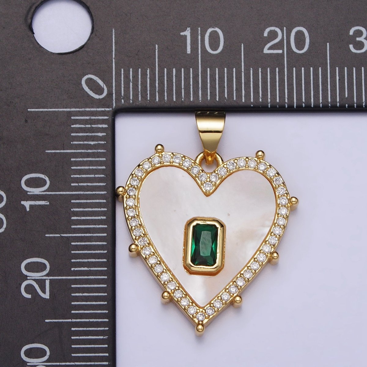 Gold, Silver Clear, Green Baguette Shell Pearl Heart Micro Paved Dotted Outline Pendant | AA399 AA400, AA405, AA394 - DLUXCA